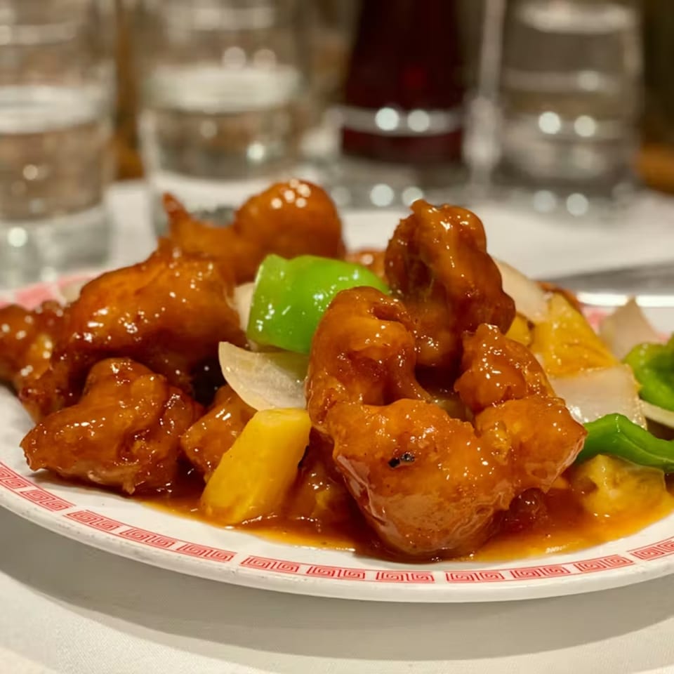 Sweet and sour chicken with green peppers, onions, and pineapple on a white plate.